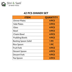 Stainless Steel Delight Dinner Set Of 42 Pieces, Silver | 4 Dinner Plates+ 4 Side Plates+ 4 Glasses+ 12 Bowls+ 1 Basting Spoon+ 1 Rice Spoon+ 4 Dessert Spoons+ 8 Fork+ 4 Tea Spoons