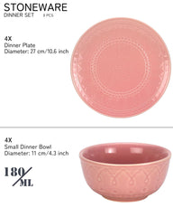 Handcrafted Stoneware Embossed Dinner Set Of 4 - Ceramic Pack Of 8 Pcs, Light Pink | 4 Dinner Plates + 4 Bowl Or Katoris, 180ml Each - Microwave & Dishwasher Safe | Serving For 4