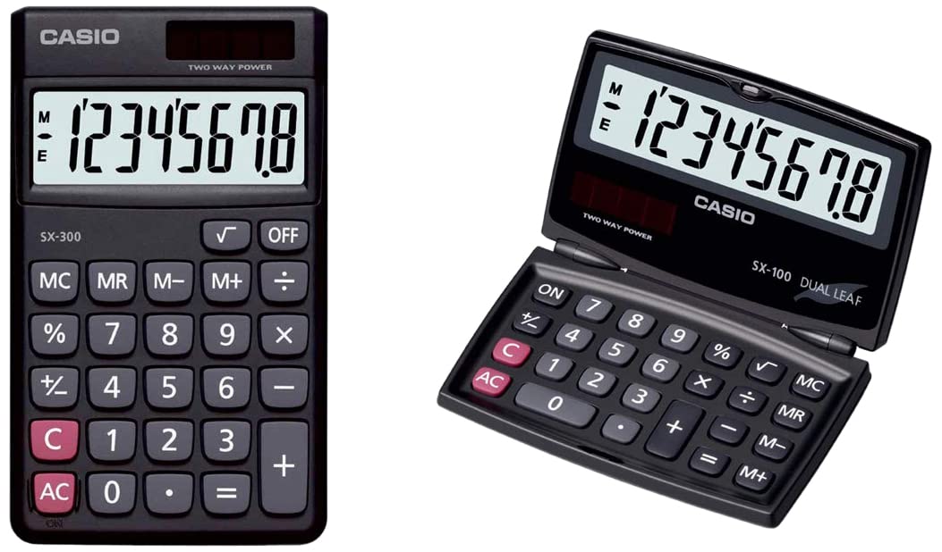 Casio SX-100-W Portable Calculator With Foldable Design & Casio SX-300-W Portable Calculator | Pocket Size Calculator | Solar Cell Powers Calculations