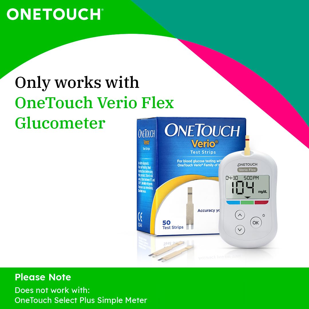 OneTouch Verio Test Strips - Pack Of 50 Test Strips Along + 50 Delica Plus Lancets | Blood Sugar Test Machine Testing Strips | Global Iconic Brand - For Use With OneTouch Verio Flex Glucometer