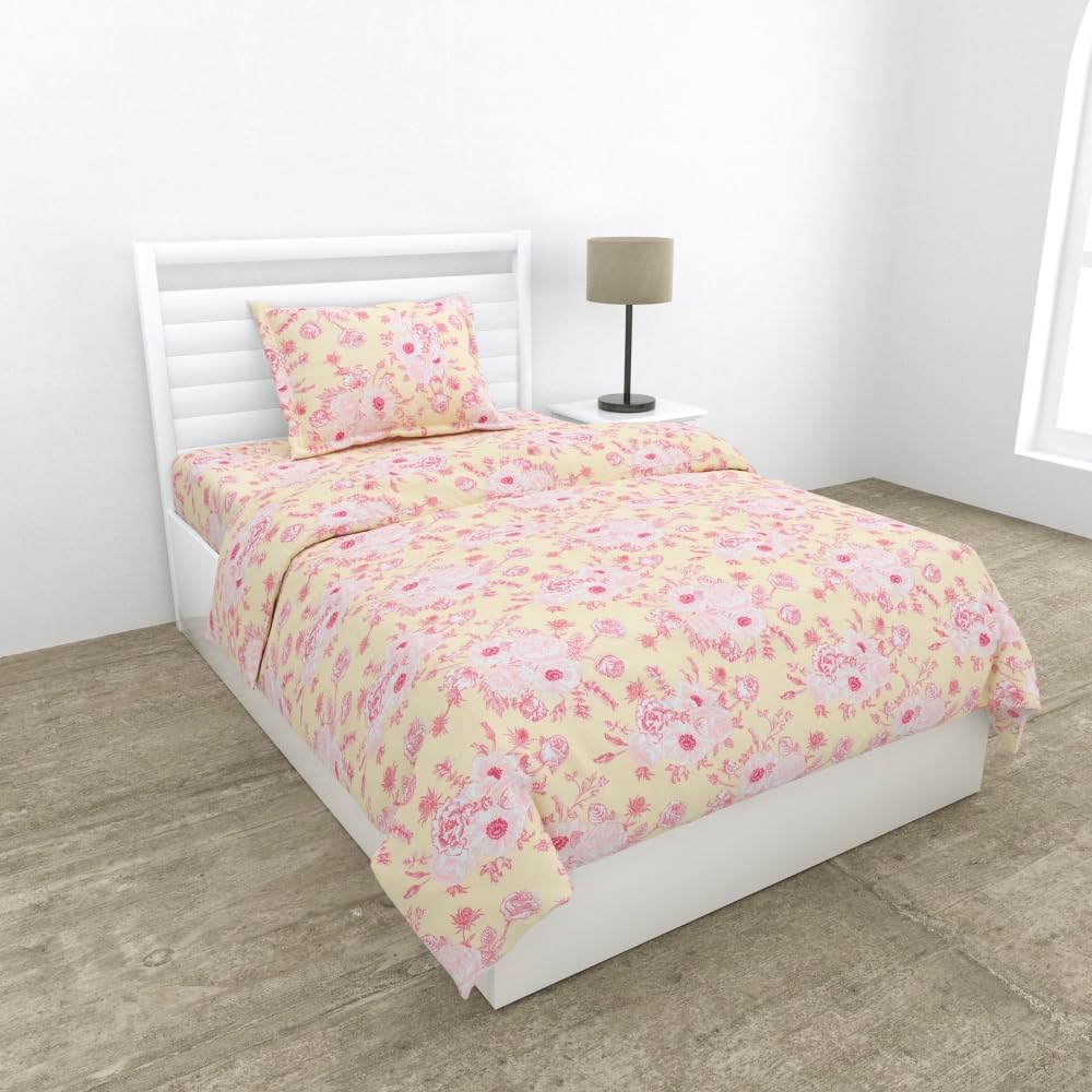 Small Single Bedsheet With 1 Pillow Cover - 57 X 88 Inches, Cream & Pink | Bedding Set Lightweight Breathable | Wrinkle-Resistant & Smooth Finish