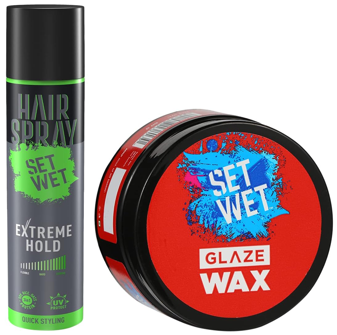 Set Wet Extreme Hold Hair Spray For Men 200ml 6.7 Fl.oz. & Glaze Hair Styling Wax For Men 60gm 2.1 Oz.