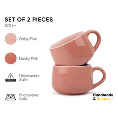 Ceramic Medium Cup Set Of 2 - Pink, 320ml Each | Cup Set Of 2 For Coffee & Tea With Glossy Finish - Premium Stoneware Ceramic Cup | Microwave Safe & Dishwasher Safe