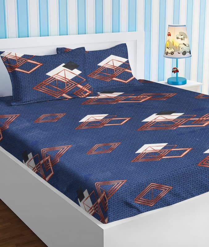 Cotton Elastic Fitted Printed King Size Double Bed Bedsheet With 2 Pillow Cover | 78 X 72 Inches, Dark Blue & White - All Round Elastic Fitted Luxurious Bedsheets