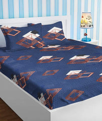 Cotton Elastic Fitted Printed King Size Double Bed Bedsheet With 2 Pillow Cover | 78 X 72 Inches, Dark Blue & White - All Round Elastic Fitted Luxurious Bedsheets