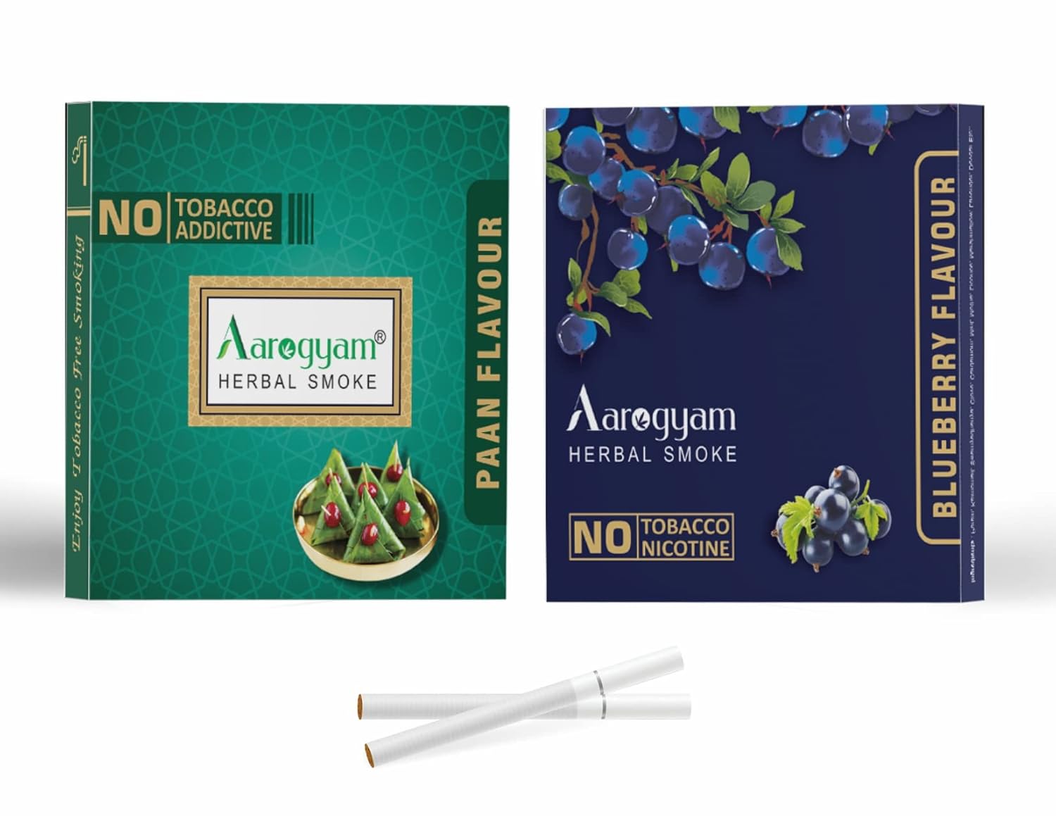 Aarogyam Herbals Pack Of 2 Flavours 100% Tobacco & Nicotine Free Cigarette For Relieve Stress & Mood Enhance Product Paan, Blueberry - 10 Sticks X 2 Packets