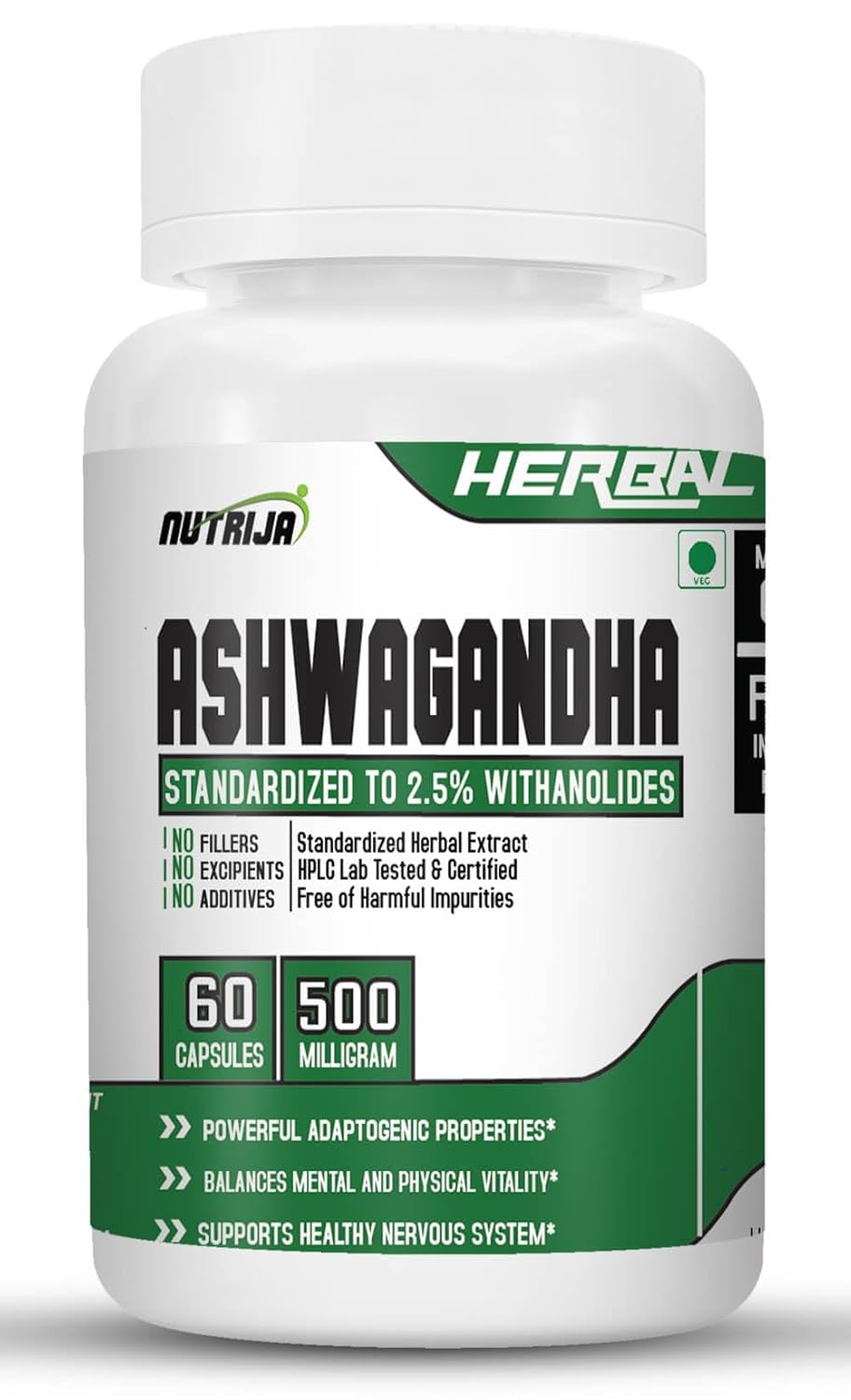 Nutrija Ashwagandha 500mg, Balances Mental & Physical Vitality, Supports Healthy Nervous System | 60 Capsules 100gm 0.2lbs