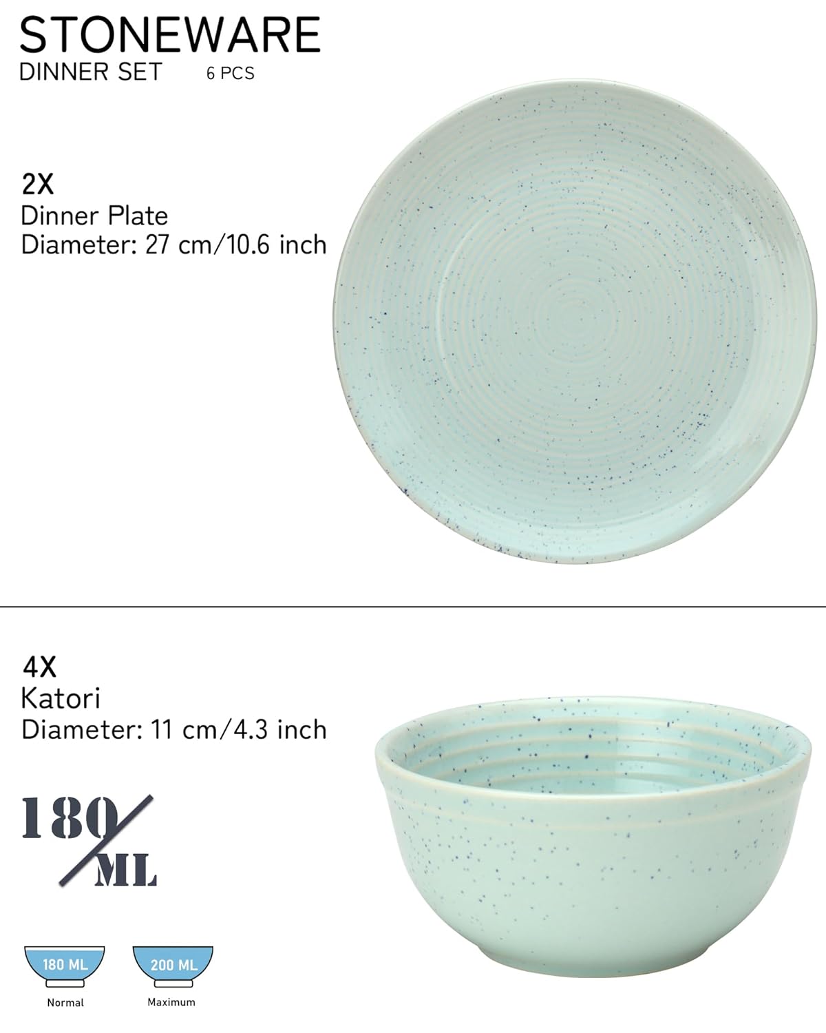 Hand Painted Ceramic Stoneware Dinner Set - Pack Of 6 Pcs, Mint-Green | 2 Dinner Plates, 10.6 Inch Each + 4 Salad Bowl, 180ml Each - Microwave & Dishwasher Safe