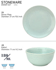 Hand Painted Ceramic Stoneware Dinner Set - Pack Of 6 Pcs, Mint-Green | 2 Dinner Plates, 10.6 Inch Each + 4 Salad Bowl, 180ml Each - Microwave & Dishwasher Safe