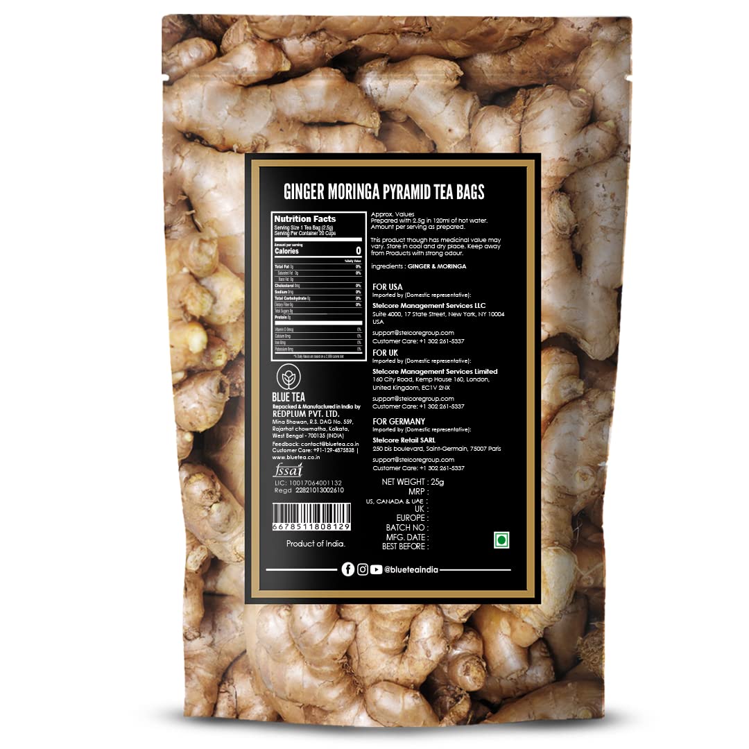 Blue Tea Caffeine Free Ginger Moringa Herbal Tea - 10 Pyramid Tea Bags In Zipper Pack | Enhances Immune System - Gluten Free, Non-GMO