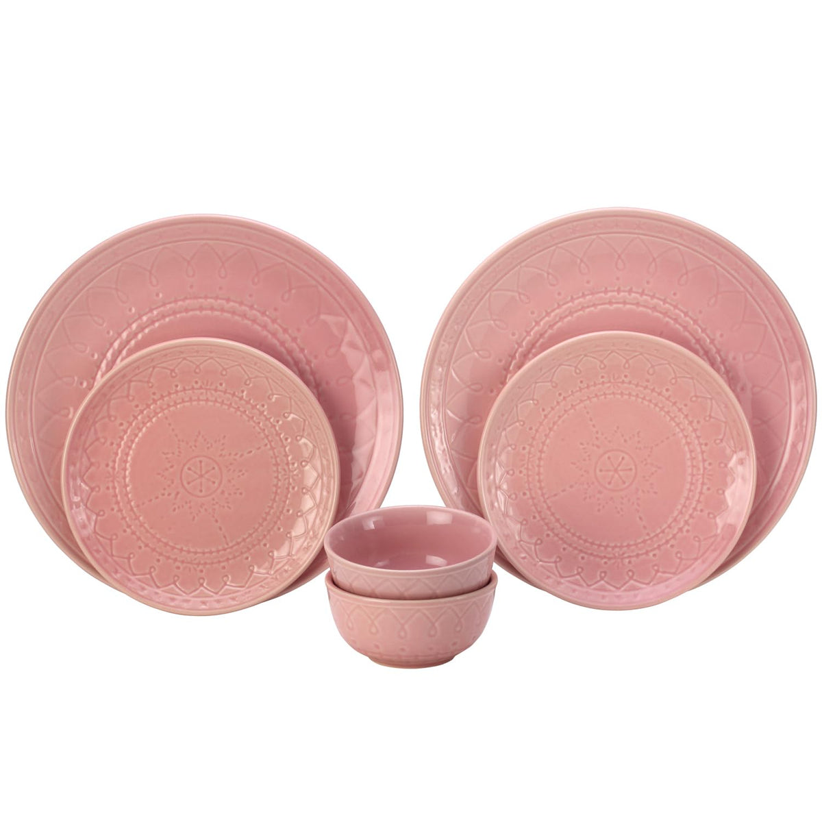 Handcrafted Stoneware Embossed Ceramic Dinner Set Of 6 Pcs - Light Pink | 2 Dinner Plates+ 2 Small Plates+ 2 Small Bowls, 180ml Each - Microwave & Dishwasher Safe | Serving For 2