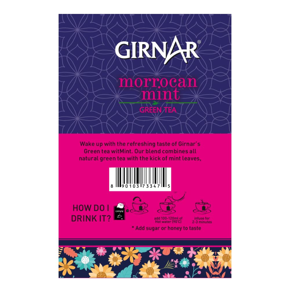 Girnar Refreshing Morrocan Mint Green Tea - 12gm, 0.4 Ounce, 10 Tea Bags | ?No Artificial Colors, No Artificial Flavor, No Preservatives - Caffeine Free Green Tea