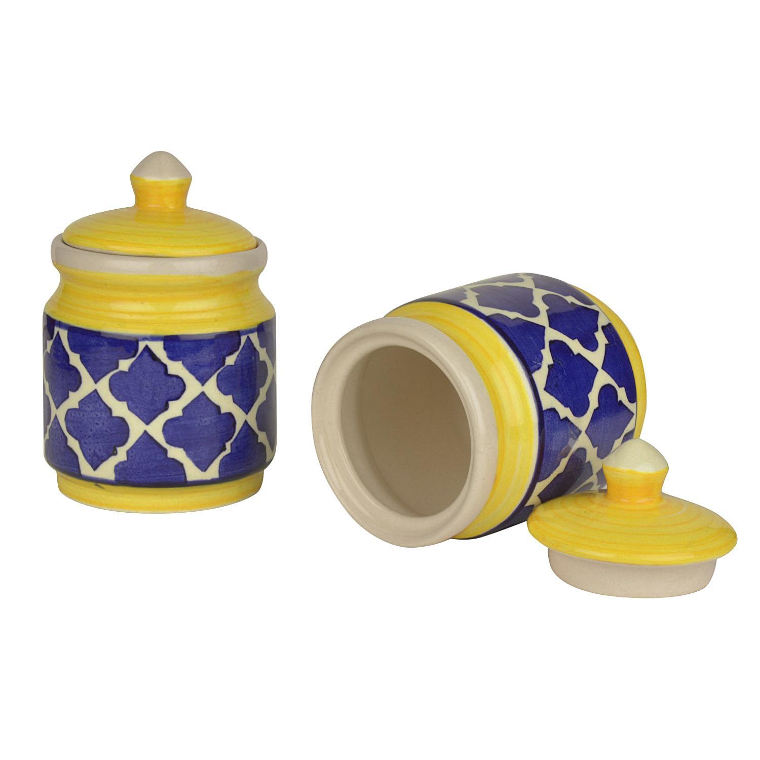 Hand Painted Ceramic Jar Set With Lid Set Of 2 - 500ml Each, Blue & Yellow | Ceramic Multi-Utility Storage Jar - Pickle Storage Jar With Lid, Burni