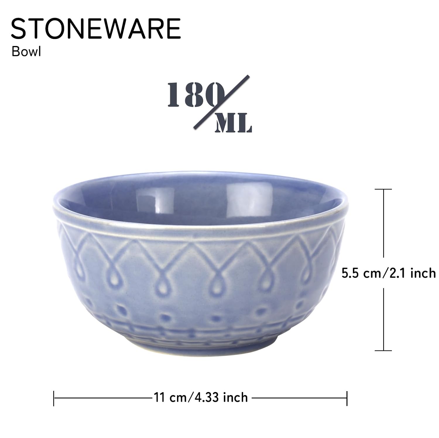 Ceramic Hand Glazed Stoneware Embossed Dinner Katori Set Of 4 - 180ml Each, Mist Blue | Microwave Safe & Dishwasher Safe - Small Serving Bowl Set