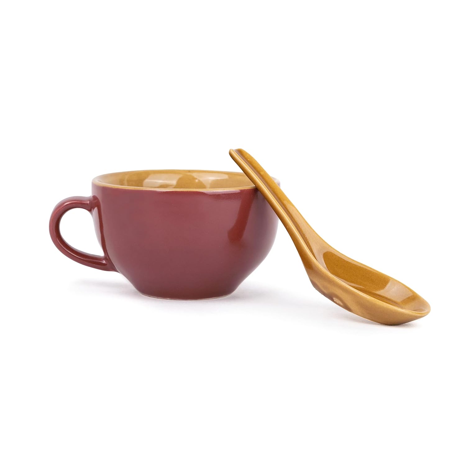Ceramic Soup Bowl Set With Spoon Set Of 2 - Burgundy, 350ml Each | 2 Soup Bowls + 2 Soup Spoons - Soup Mug, Soup Cup | Glossy Finish Ceramic Soup Bowls - Microwave Safe & Dishwasher Safe
