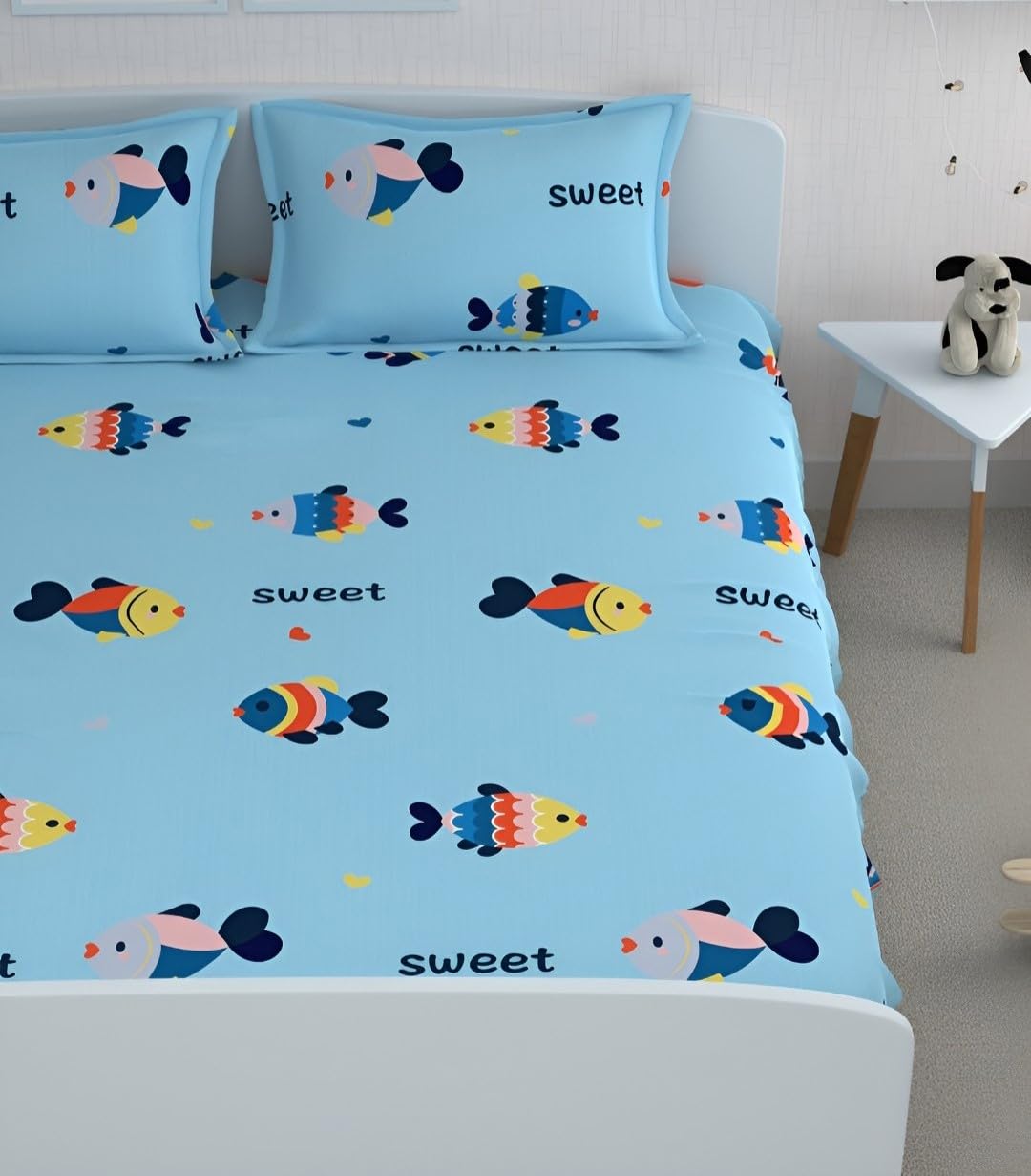 Cartoon Printed Double Bedsheet For Kids With 2 Pillow Cover - 72 X 78 X 10 Inches, Aqua | Cotton Feel All Around Elastic Fitted King Size Double Bed