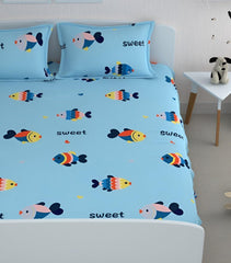 Cartoon Printed Double Bedsheet For Kids With 2 Pillow Cover - 72 X 78 X 10 Inches, Aqua | Cotton Feel All Around Elastic Fitted King Size Double Bed