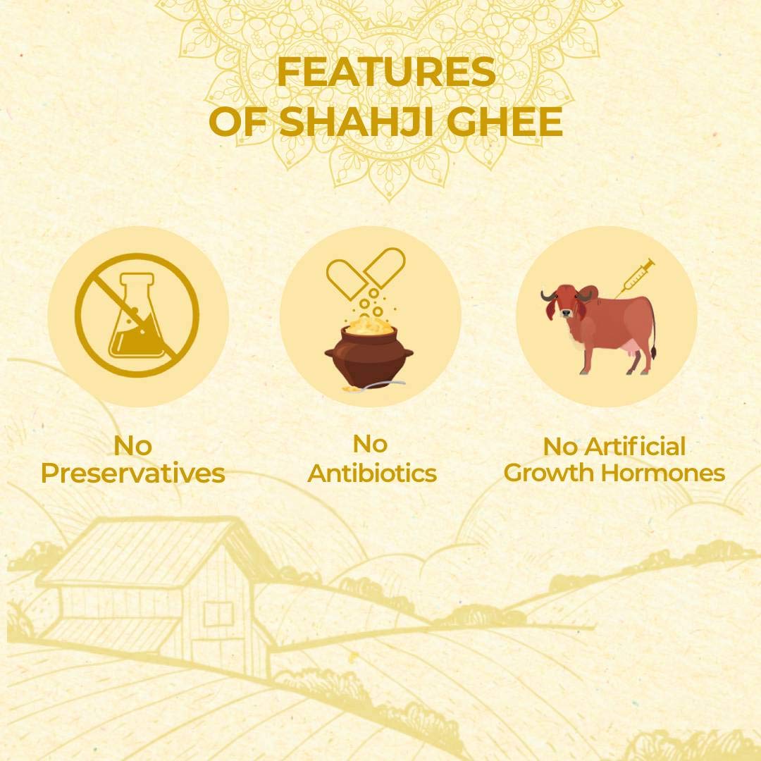 Natural A2 Desi Gir Cow Ghee By Shahji | High In Protein Fiber & Nutrients Healthy Desi Cow Ghee For Muscles | (1 Litr) 33.8 Ounce | Jar Pack