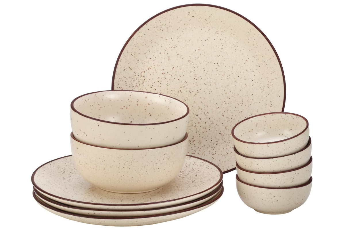 Handcrafted Ceramic Stoneware Dinner Set Of 10 Pcs With Serving Bowl Set - Beige Speckled | 4 Dinner Plates, 10.6 Inch Each + 4 Small Dinner Bowl, 170ml Each+ 2 Serving Bowl, 1000ml Each