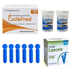 SD Codefree Blood Glucose Test Strips With SD Round Lancet - 100 Test Strips + 100 Lancets