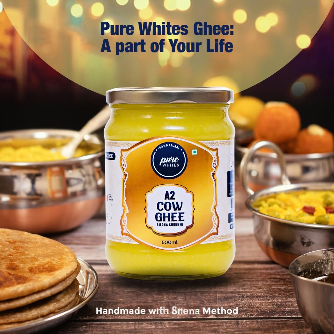 Pure A2 Cow Ghee By Pure Whites | Homemade Organic & Fresh Ghee Prepared Using Traditional Vedic Bilona Method | (500ml) 16.9 Ounce | Jar Pack