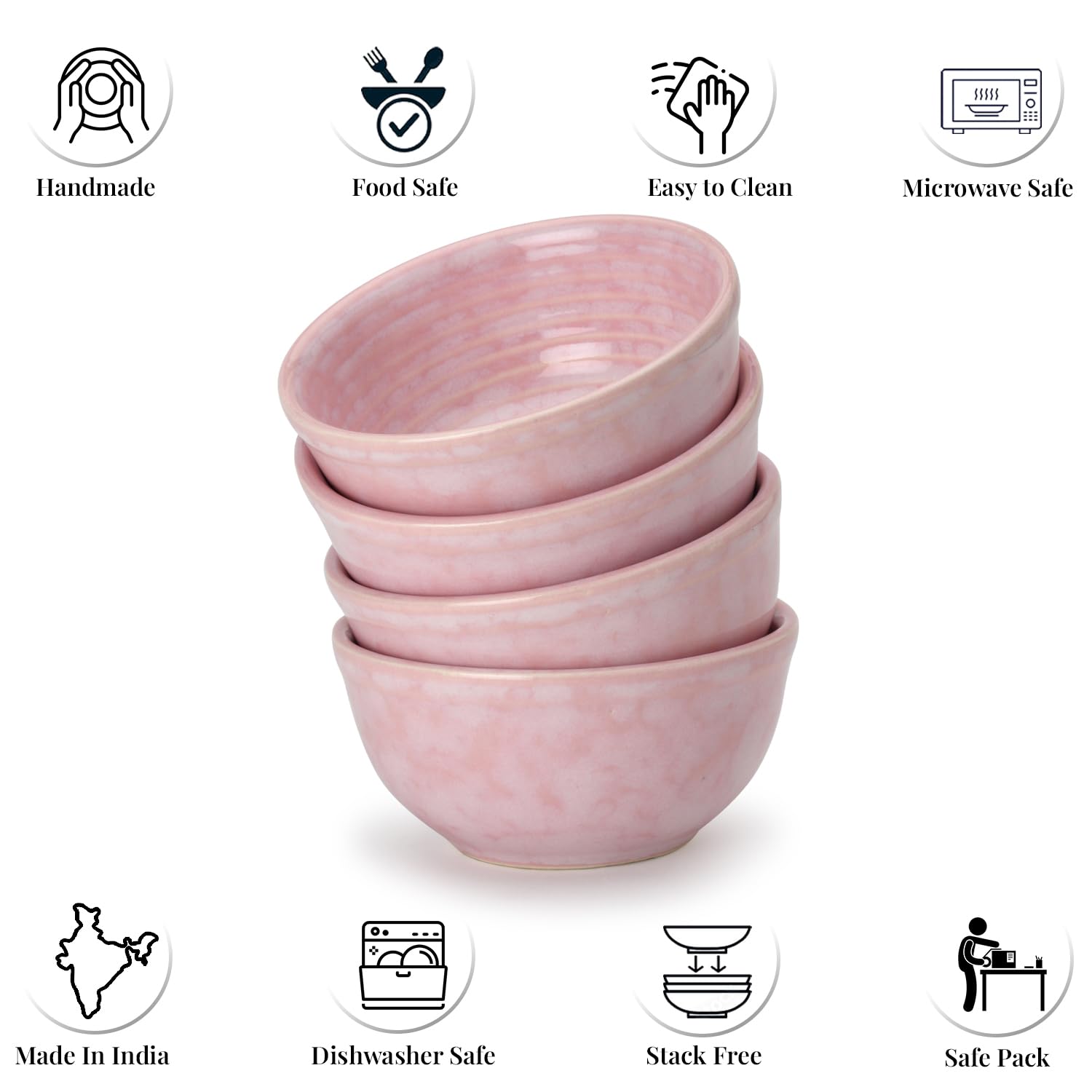 Hand Glazed Ceramic Serving Small Bowl Set Of 4 - 180ml Each, Pastel Pink | Microwave & Dishware Safe - Serving Katori Set