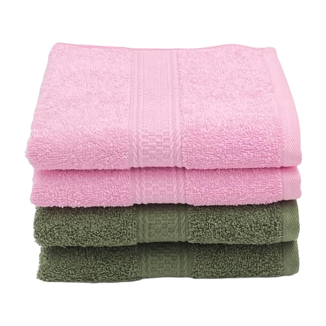 Patpug 100% Indian Ultra Soft Cotton Hand Towel 800 Gsm | For Gym, Workout, Yoga, Wash Basin (Baby Pink & Olive Green) - 4 Piece