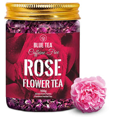 Blue Tea Caffeine Free Rose Flower Herbal Tea - 100gm Pet Jar, 3.5 Ounce, 100 Cups | Non-GMO, Flower Based Super Antioxidant Tea - Vitamin-C Rich For Beautiful Hair & Skin