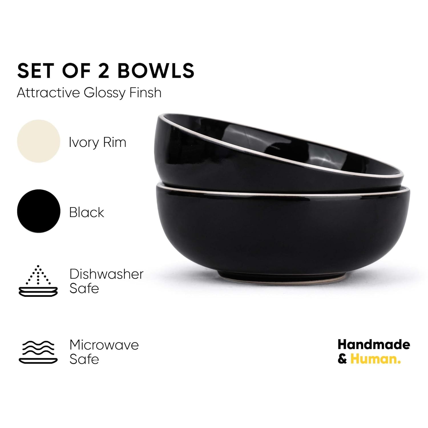 Ceramic Pasta Bowl Set Of 2 Pieces - 18cm, Black, 800ml Each | Stoneware Ceramic Serving Bowls | Pasta Plate - Deep Plate | Ceramic Bowl With Glossy Finish - Pasta Serving Plate