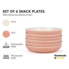 Snack Plates Set Of 6, Pink Slow Series | Snacks Plates Set - Dessert Plates | Small Plates With Glossy Finish - Deep Snack Plates | Microwave Safe & Chip Resistant