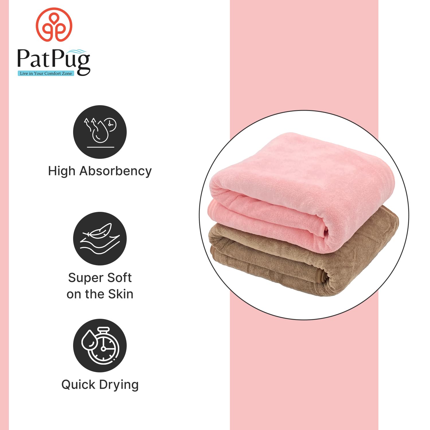 Patpug Ultrasoft Microfiber, Comfortable, Fade Resistant, Highly Absorbent, Quick Drying Large Bath Towel 800 Gsm (Brown & Baby Pink)- Pack Of 2
