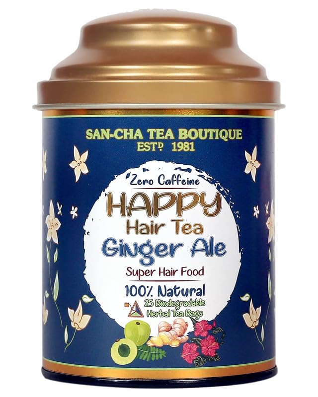 San-Cha Happy Hair Ginger Ale Herbal Tea - 25 Biodegradable Herbal Tea Bags | Super Hair Food, Hibiscus Leaves For Hair Growth - Zero Caffeine