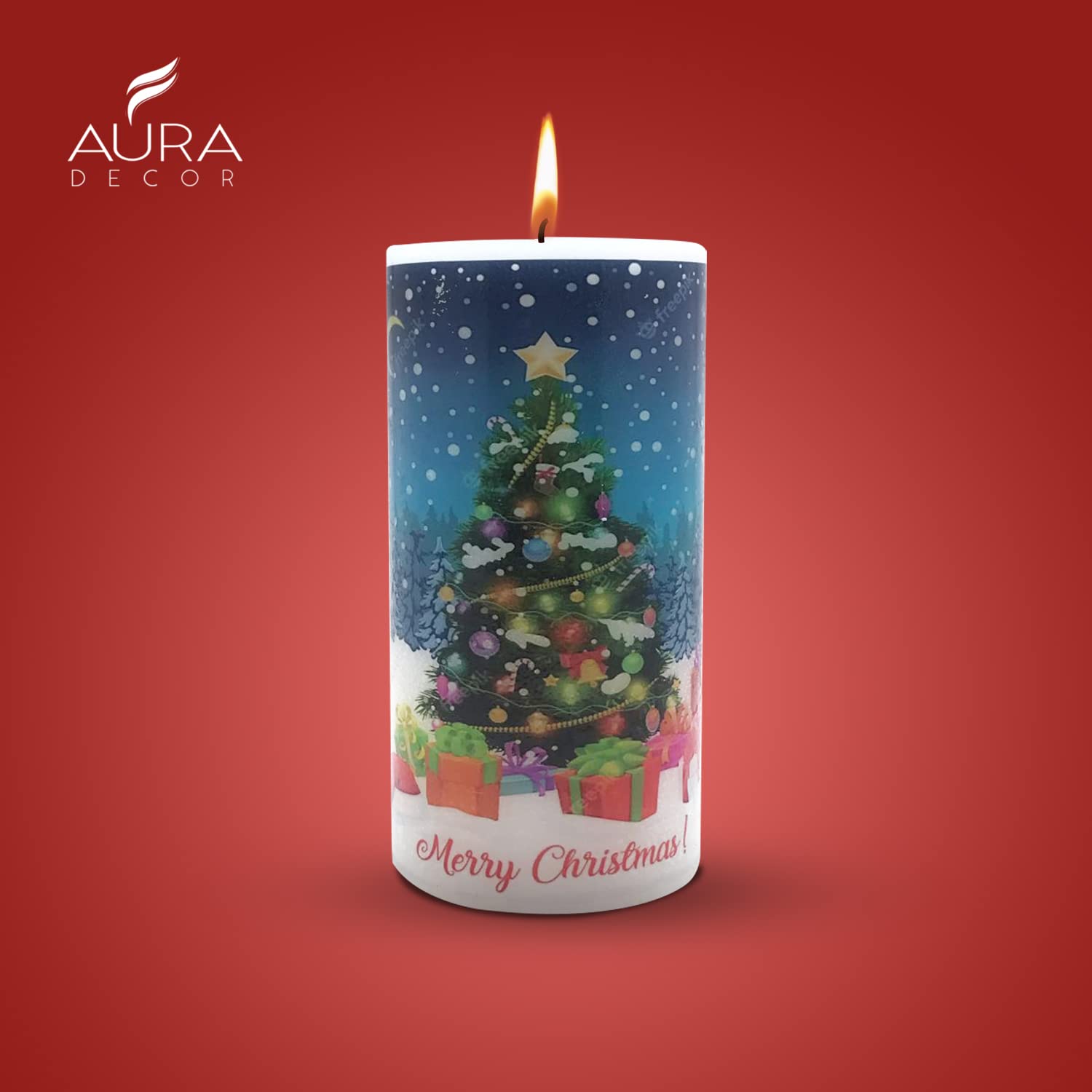 XMAS TREE WITH STAR CANDLE 6 INCH PILLAR CANDLE | CHRISTMAS SANTA CANDLE