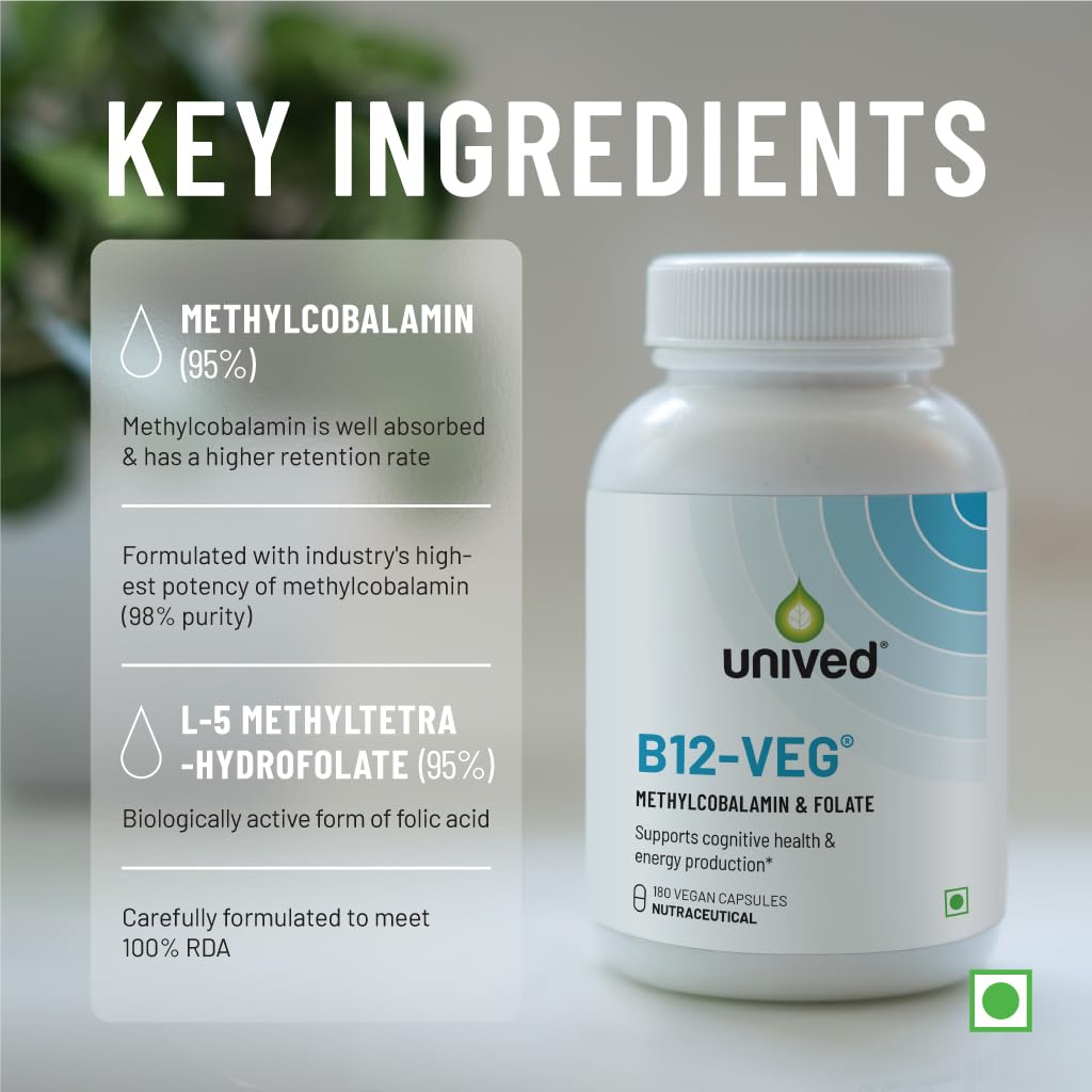 Unived Vitamin B12 Veg , Brain Cells & Nerve Tissue Support | Unflavoured , 180 Vegan Capsules , 300gm 0.66lbs
