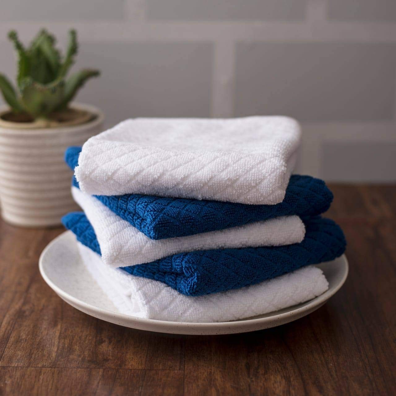 Divine Overseas Cotton Terry Hand Towels 1300 Gsm | Soft & High Absorbent (White & Royal Blue) - Pack Of 8