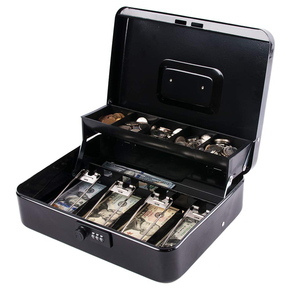 Money Box With Combination Lock, Metal Cash Box With Money Tray, Cash Register,5 Compartments Cantilever Tray & 4 Spring Loaded Clips For Bills,11.81"X 9.45"X 3.54" Colour - Black