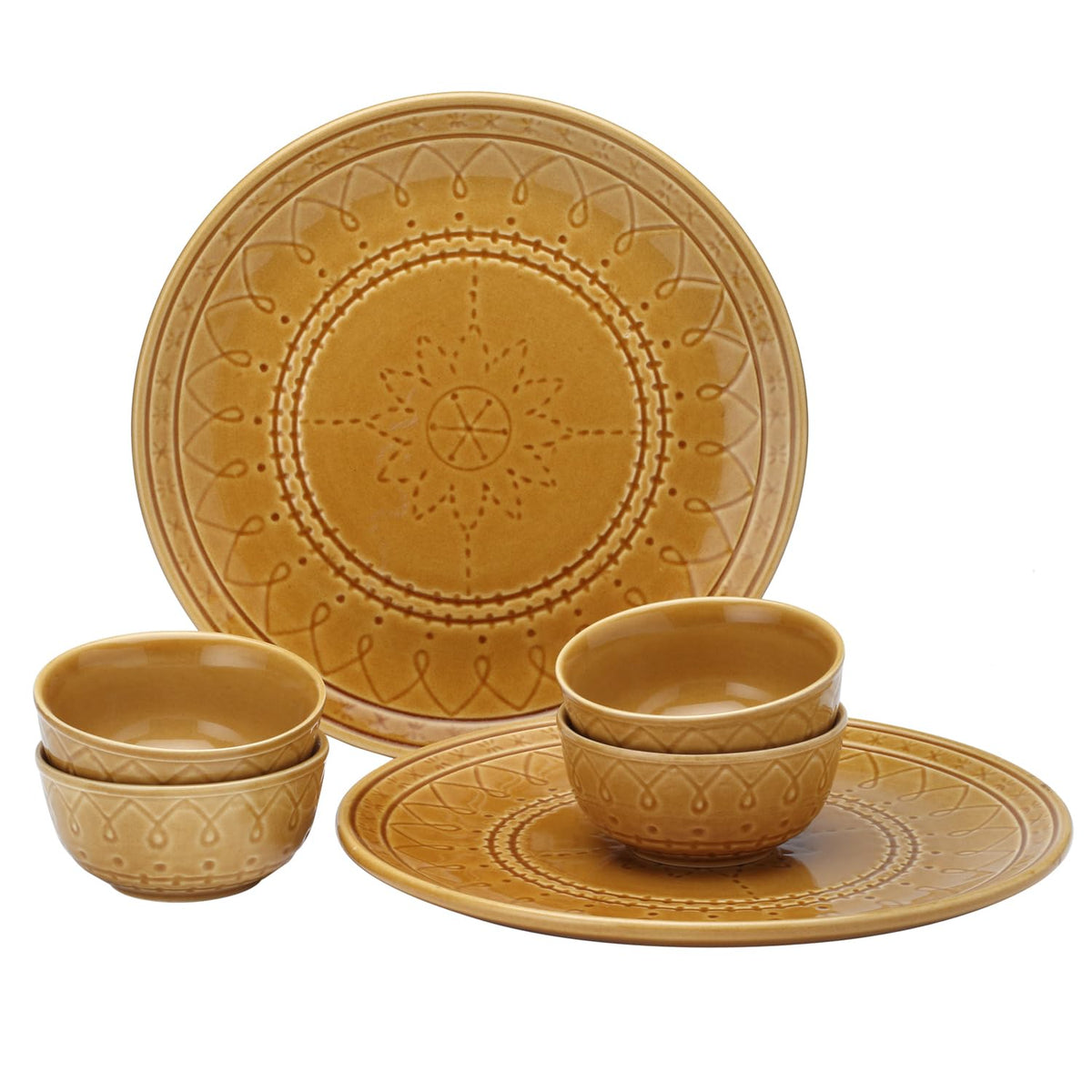 Handcrafted Stoneware Embossed Ceramic Dinner Set Of 6 Pcs - Golden Brown | 2 Dinner Plates + 4 Small Dinner Bowls, 180ml Each - Microwave & Dishwasher Safe