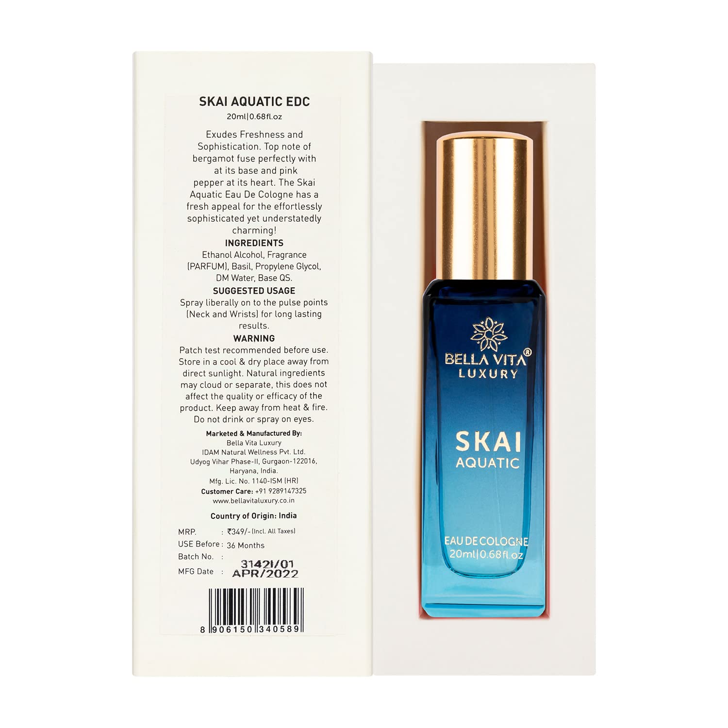 Bella Vita Luxury Skai Aquatic Eau De Cologne 20ml 0.68 Fl.oz. Long Lasting | For Men & Women