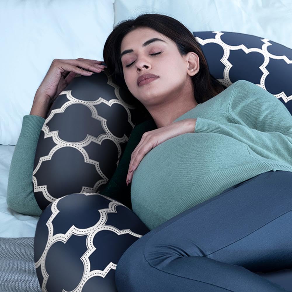 Pregnancy Pillow, C Shaped Pillow, Maternity Pillow For Sleeping - Black | Kiko Printed, 100% Cotton Pillow For Pregnant Mothers | With Breathable & No Heat Fabric - Full Body Support