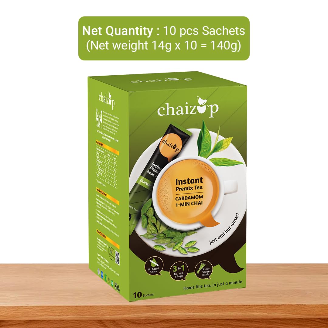 Chaizup Premium 1 Min Instant Premix Assorted Tea Pack - 20 Sachets | Cardamom + Ginger Flavors - 2 Packs, 10 Flavors Each | Low Caffeine Home Like Tea
