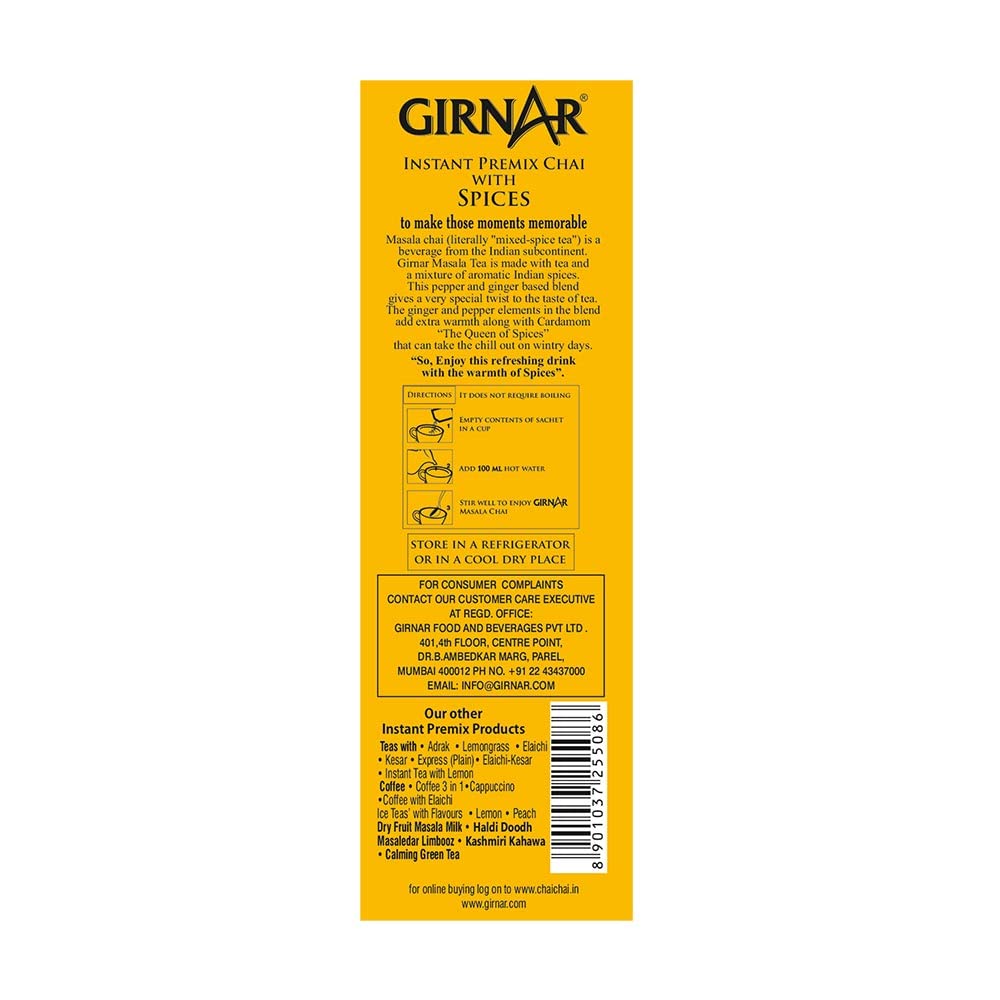 Girnar Masala Chai Instant Premix With Spices - 10 Sachets | Natural Tea Extract & Mixture Of Aromatic Indian Spices - Medium Caffeine Loose Leaf Tea