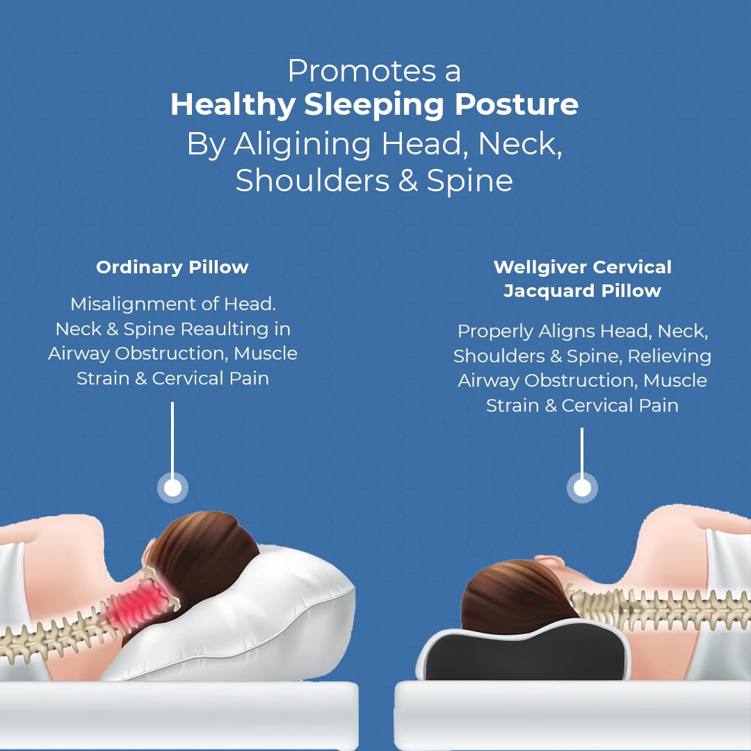 Memory Foam Cervical Pillow, Neck Pain Relief Sleep, Queen - 19 X 11 X 3.5 Inch | Improves Posture Spinal Alignment, Shoulder Pain Relief, White Jacquard Cover | White Pillow - Pack Of 1