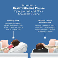 Memory Foam Cervical Pillow, Neck Pain Relief Sleep, Queen - 19 X 11 X 3.5 Inch | Improves Posture Spinal Alignment, Shoulder Pain Relief, White Jacquard Cover | White Pillow - Pack Of 1