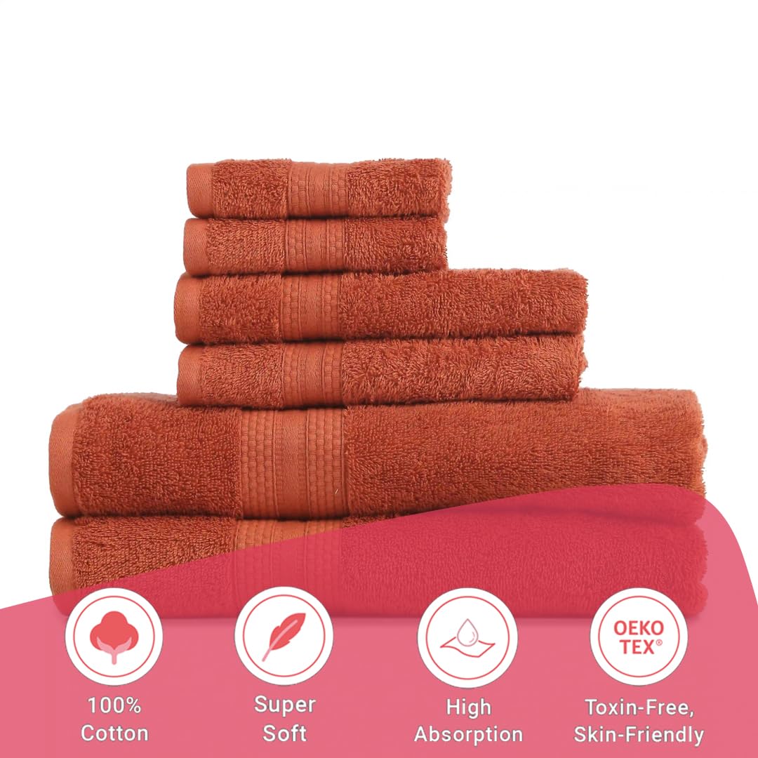 Livspace 100% Cotton 2 Bath, 2 Hand & 2 Face Towel 1300 Gsm | Solid Dyed Super Soft Absorbent & Quick-Dry For Gym & Home Paleto Collection Towel (Burnt Red)- Set Of 6