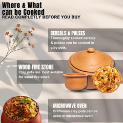 Exclusive Range Unglazed Clay Pot With Lid For Cooking & Serving Pack Of 2 - 2.5 + 3.5 Liters | Mitti Handi Pot With Lid, Red-Ochre (Gerua)