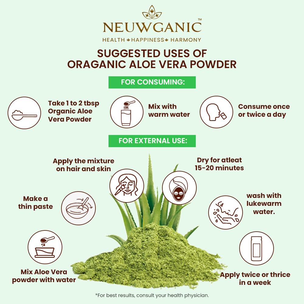 Neuwganic Organic Aloe Vera Leaf Powder, Useful For Skin & Hair Care, Reduces Fine Lines & Wrinkles | 550gm 1.2lbs