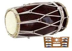 Wooden Nut & Rope Goat Skin Dholak With Khartal, Brown - Perfectly Symmetric Round Dholak | Dholak For Festival, Wedding, Satsang - Very Easy To Tune, Easy To Learn