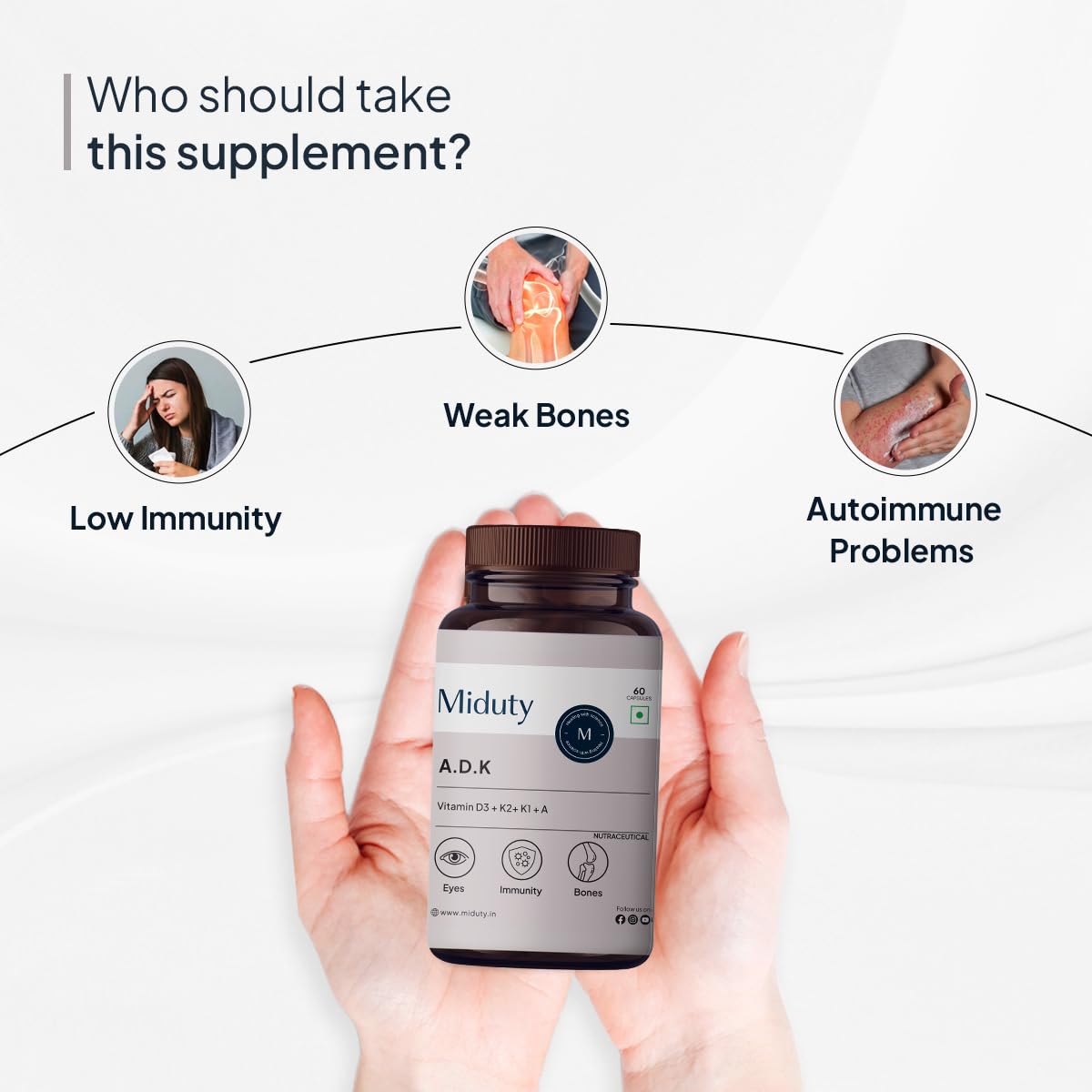 Miduty Vitamin Adk Multivitamin Contains Vitamin A - D3 - K2 Immunity Booster, Bone Strength, Healthy Heart , Supplement For Men & Women | 60 Capsules, 100gm 0.2lbs