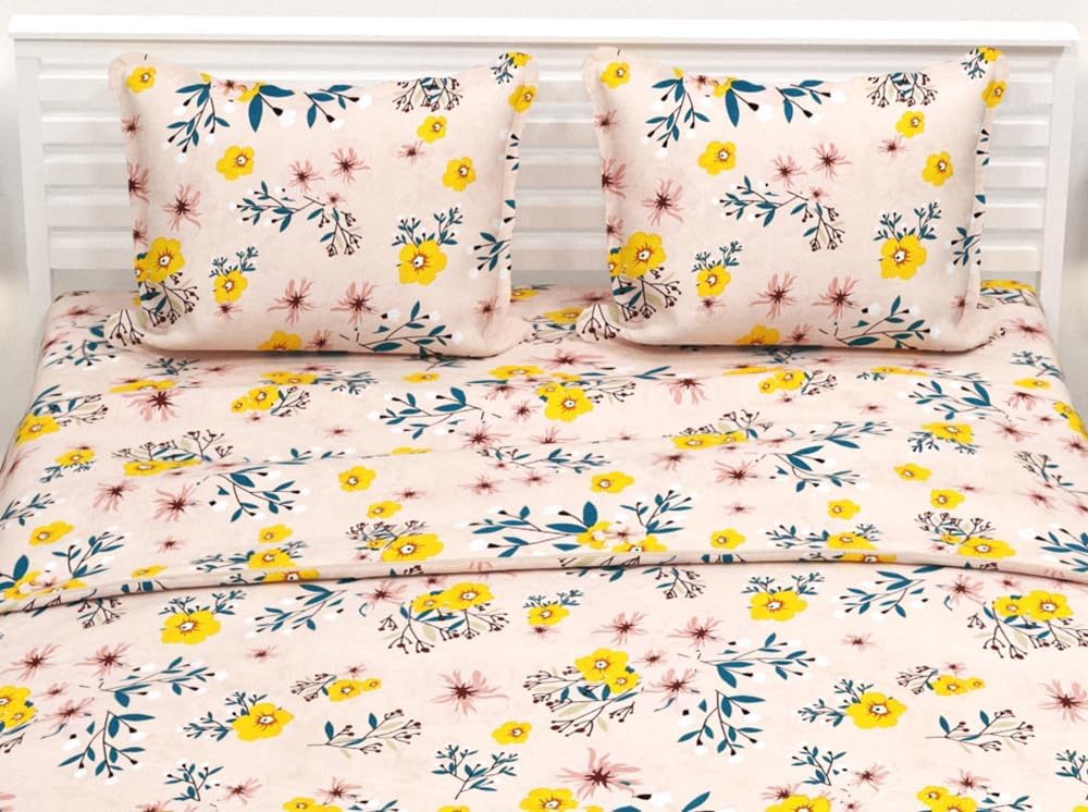 King Size Double Bedsheets With 2 King Size Pillow Covers - 108 X 108 Inches, Beige & Yellow | Luxury Soft Bedsheets, Breathable - Perfectly For Gifting Wedding Anniversary
