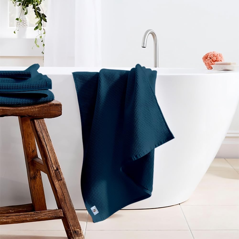 Enchant Home Pure Cotton Waffle Towel 400 Gsm | Lightweight Anti-Microbial & Water Absorbent Soft Touch Quick Drying Bath Towel | Navy Blue